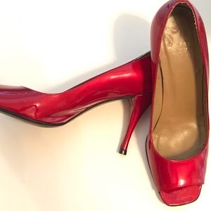 Stuart Weitzman Red Patent peep toe pumps